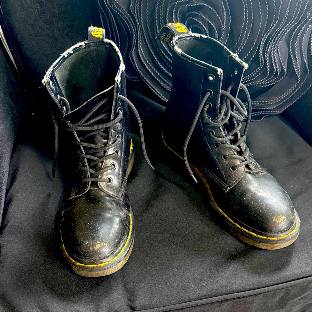 Dr. Martens Black Leather Boots with Yellow Stitching